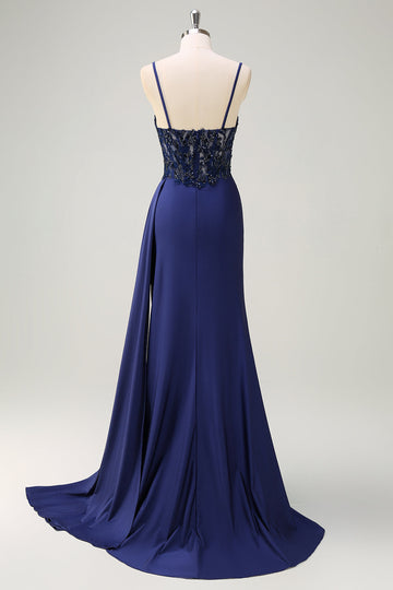 Navy Mermaid Ruched Streamer Long Prom Dress with Appliques